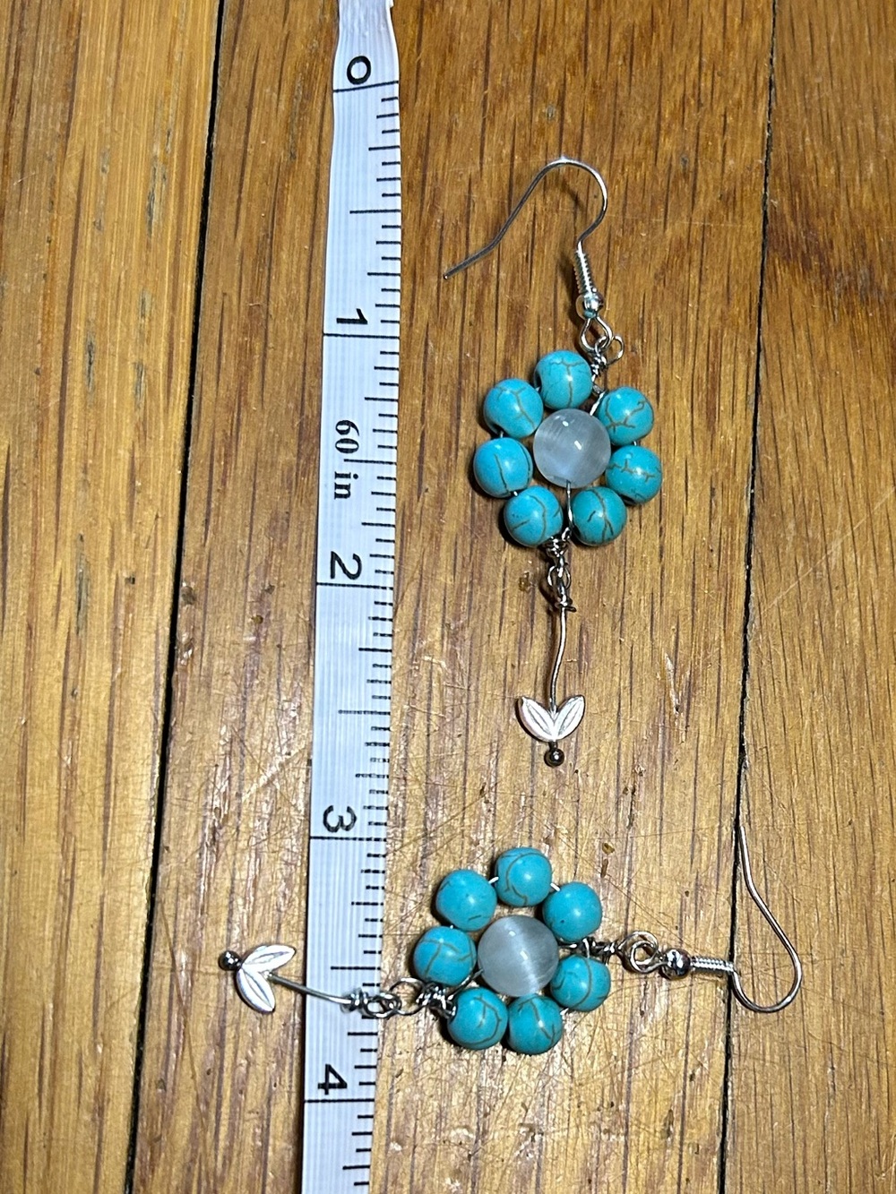 3/$25 Turquoise Flower Dangle Earrings with Silver Leaf Accent - Picture 5 of 5